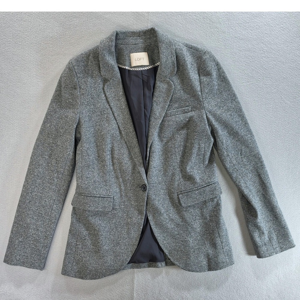 Loft Dark Academia Knit Blazer Small Grey Business Casual Soft Jersey Jacket